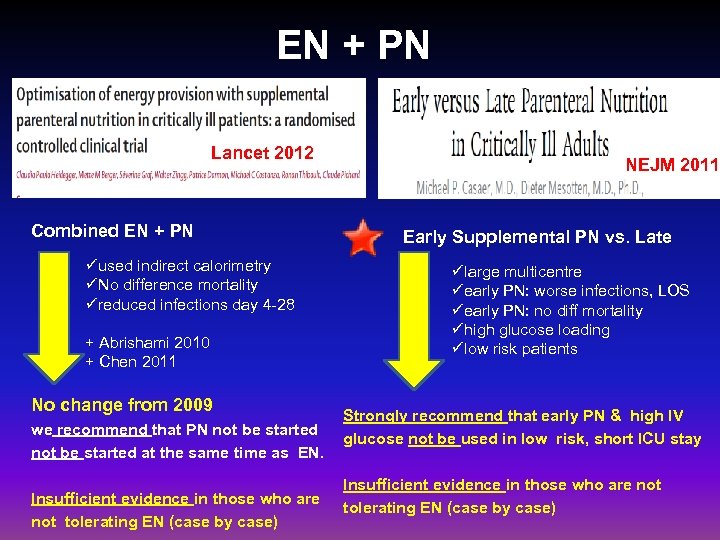 EN + PN Lancet 2012 Combined EN + PN üused indirect calorimetry üNo difference