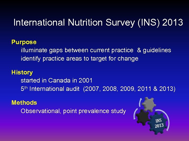 International Nutrition Survey (INS) 2013 Purpose illuminate gaps between current practice & guidelines identify