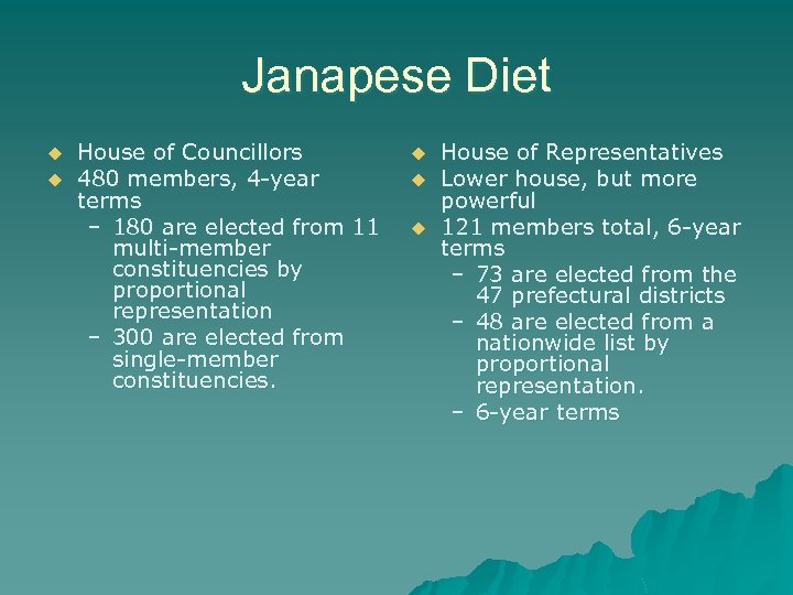 Janapese Diet u u House of Councillors 480 members, 4 -year terms – 180