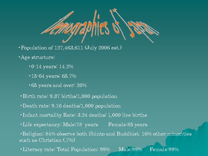  • Population of 127, 463, 611 (July 2006 est. ) • Age structure: