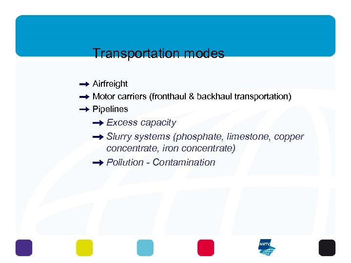 Transportation modes Airfreight Motor carriers (fronthaul & backhaul transportation) Pipelines Excess capacity Slurry systems