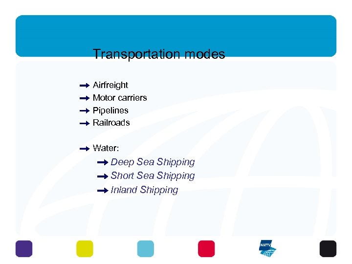 Transportation modes Airfreight Motor carriers Pipelines Railroads Water: Deep Sea Shipping Short Sea Shipping