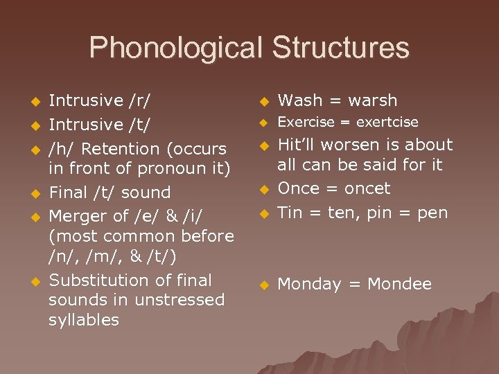 Phonological Structures u u u Intrusive /r/ Intrusive /t/ /h/ Retention (occurs in front