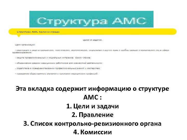 Эта вкладка содержит информацию о структуре АМС : 1. Цели и задачи 2. Правление