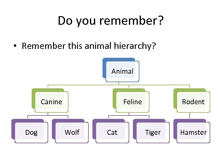 Do you remember? • Remember this animal hierarchy? Animal Canine Dog Feline Wolf Cat