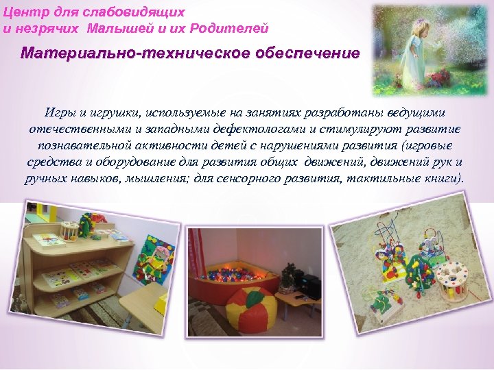 Центр для слабовидящих и незрячих Малышей и их Родителей Материально-техническое обеспечение Игры и игрушки,