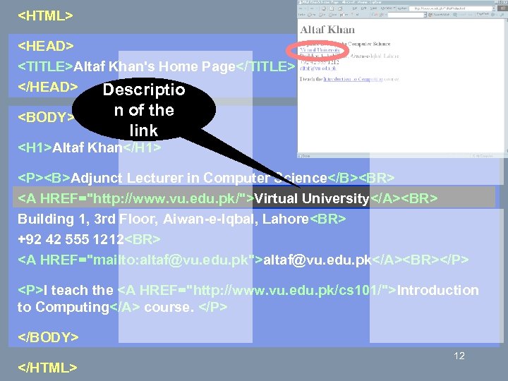 <HTML> <HEAD> <TITLE>Altaf Khan's Home Page</TITLE> </HEAD> Descriptio <BODY> n of the link <H