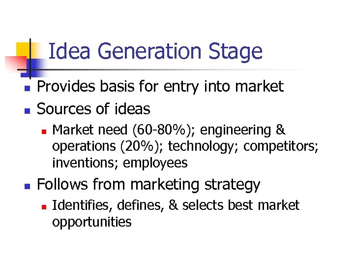 Idea Generation Stage n n Provides basis for entry into market Sources of ideas