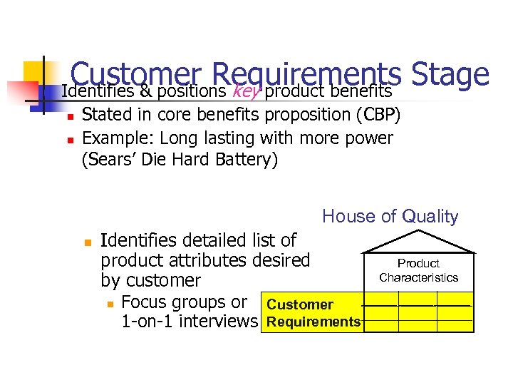 n Customer Requirements Stage Identifies & positions key product benefits n n Stated in