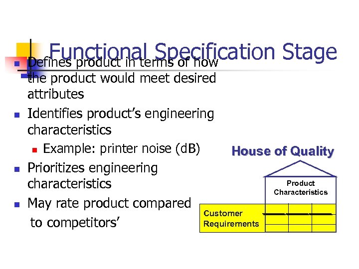 n n Functional Specification Stage Defines product in terms of how the product would