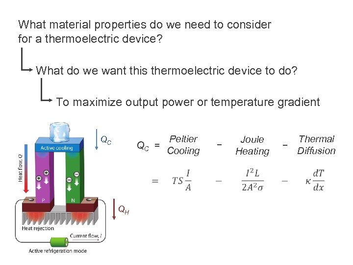 What material properties do we need to consider for a thermoelectric device? What do