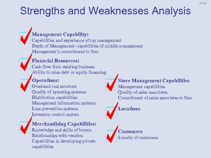 Strengths and Weaknesses Analysis Management Capability: Capabilities and experience of top management Depth of