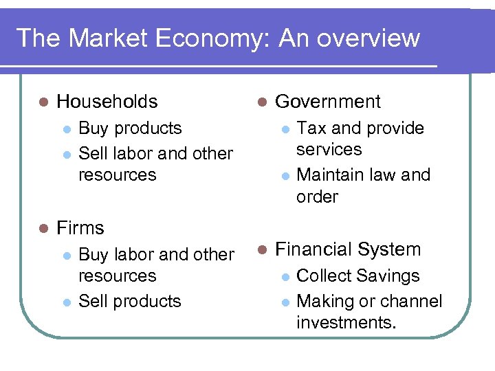 The Market Economy: An overview l Households l l Buy products Sell labor and