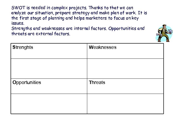SWOT is needed in complex projects. Thanks to that we can analyze our situation,