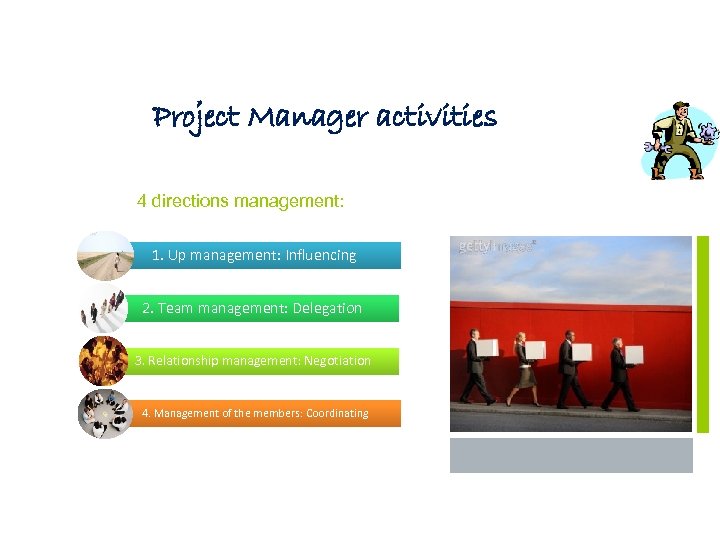 Project Manager activities 4 directions management: 1. Up management: Influencing 2. Team management: Delegation