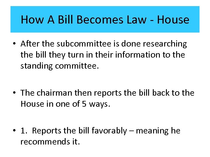 How A Bill Becomes Law - House • After the subcommittee is done researching