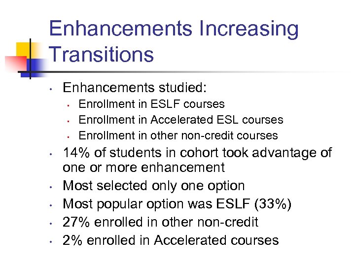 Enhancements Increasing Transitions • Enhancements studied: • • Enrollment in ESLF courses Enrollment in