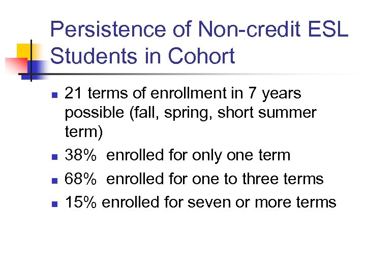 Persistence of Non-credit ESL Students in Cohort n n 21 terms of enrollment in