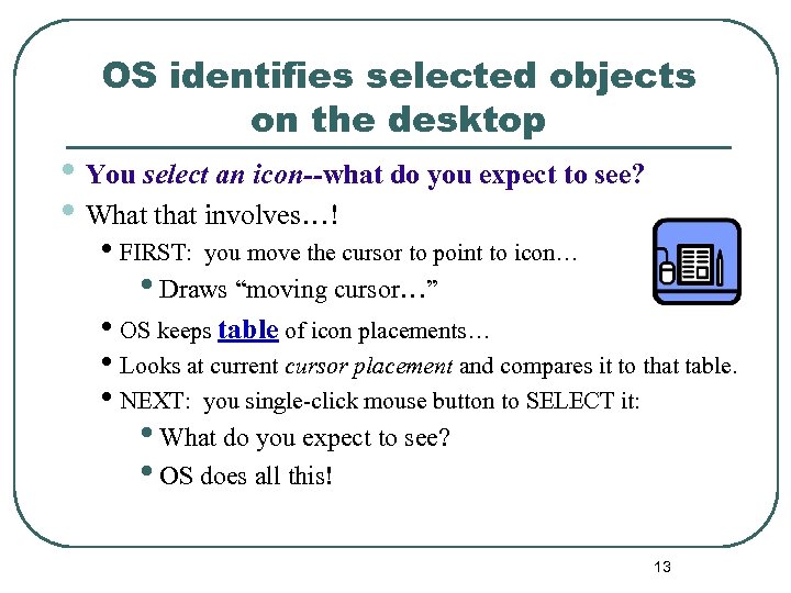 OS identifies selected objects on the desktop • You select an icon--what do you