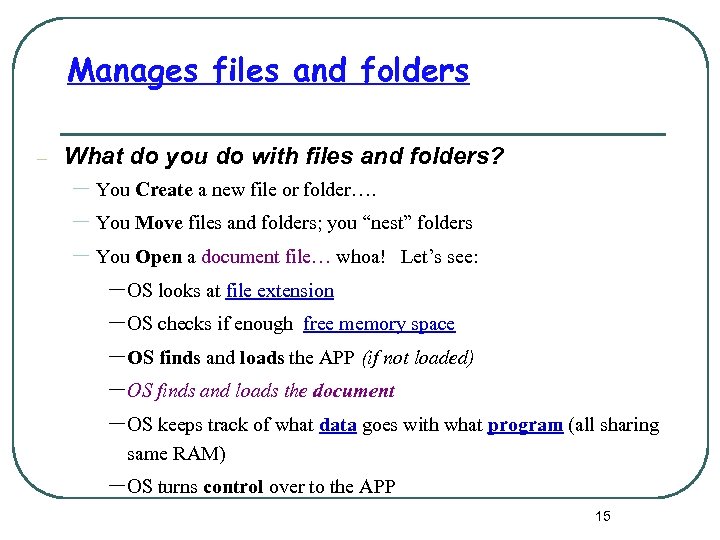 Manages files and folders – What do you do with files and folders? –