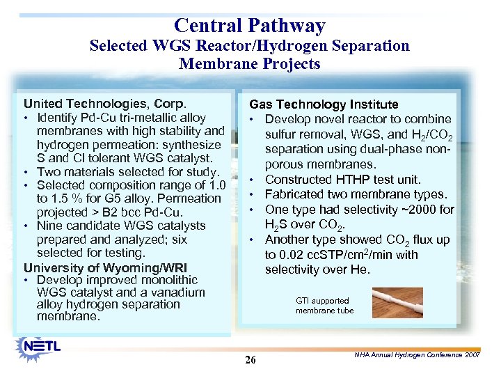 Central Pathway Selected WGS Reactor/Hydrogen Separation Membrane Projects United Technologies, Corp. • Identify Pd-Cu