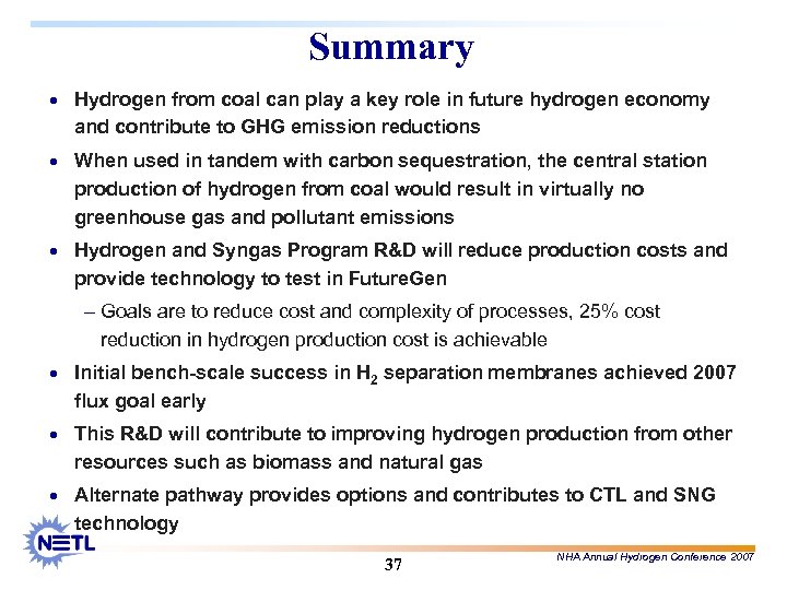 Summary · Hydrogen from coal can play a key role in future hydrogen economy