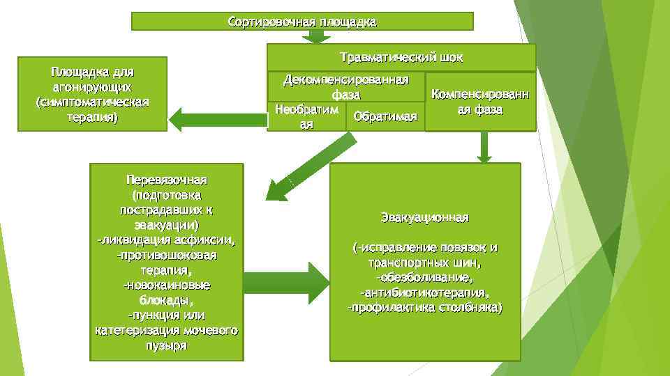 Сортировочная площадка Площадка для агонирующих (симптоматическая терапия) Перевязочная (подготовка пострадавших к эвакуации) -ликвидация асфиксии,