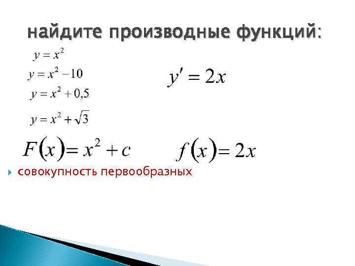 Первообразная проходящая через точку. Нахождение производной и первообразной. Совокупность всех первообразных для функции. Найти производные данных функций. Найти производную и интеграл для функции.