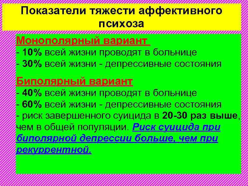 Показатели тяжести аффективного психоза Монополярный вариант - 10% всей жизни проводят в больнице -