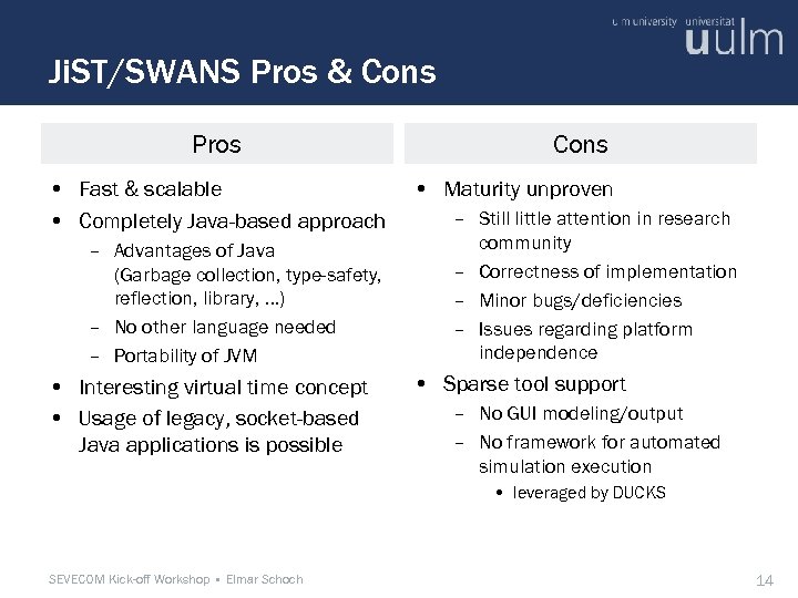 Ji. ST/SWANS Pros & Cons Pros • Fast & scalable • Completely Java-based approach