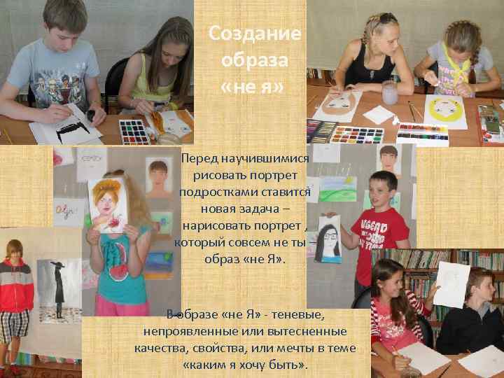 Создание образа «не я» Перед научившимися рисовать портрет подростками ставится новая задача – нарисовать