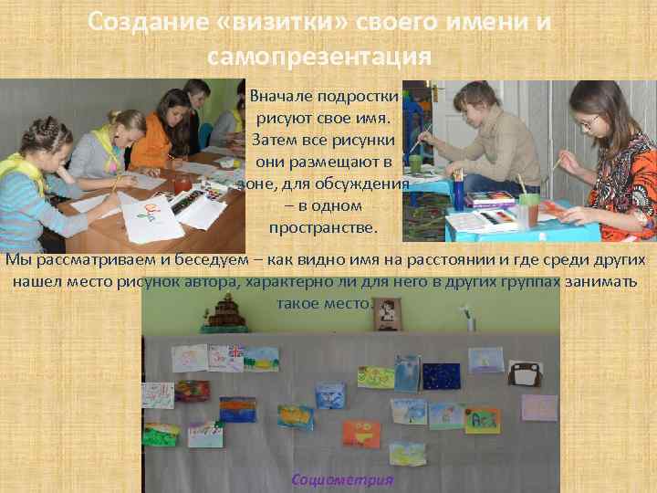 Создание «визитки» своего имени и самопрезентация Вначале подростки рисуют свое имя. Затем все рисунки