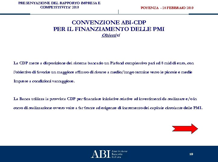 PRESENTAZIONE DEL RAPPORTO IMPRESA E COMPETITIVITA’ 2010 POTENZA - 28 FEBBRAIO 2010 CONVENZIONE ABI-CDP