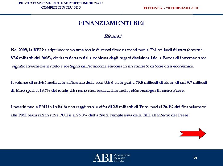 PRESENTAZIONE DEL RAPPORTO IMPRESA E COMPETITIVITA’ 2010 POTENZA - 28 FEBBRAIO 2010 FINANZIAMENTI BEI