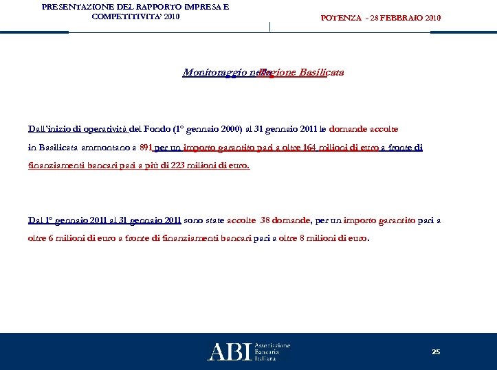 PRESENTAZIONE DEL RAPPORTO IMPRESA E COMPETITIVITA’ 2010 POTENZA - 28 FEBBRAIO 2010 Monitoraggio nella