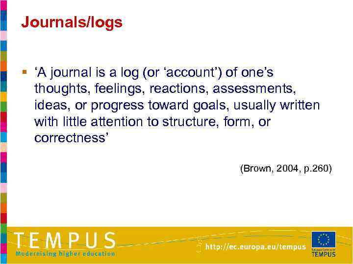 Journals/logs § ‘A journal is a log (or ‘account’) of one’s thoughts, feelings, reactions,