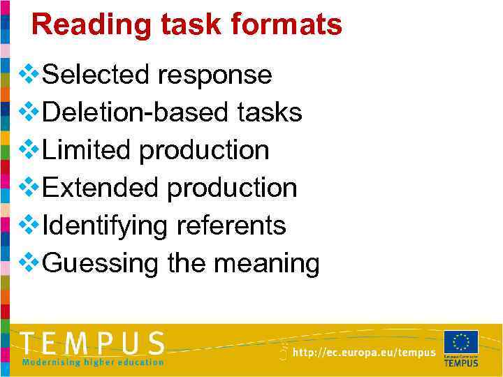 Reading task formats v. Selected response v. Deletion-based tasks v. Limited production v. Extended