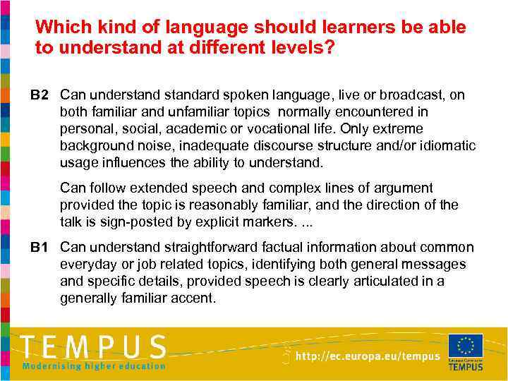 Which kind of language should learners be able to understand at different levels? B