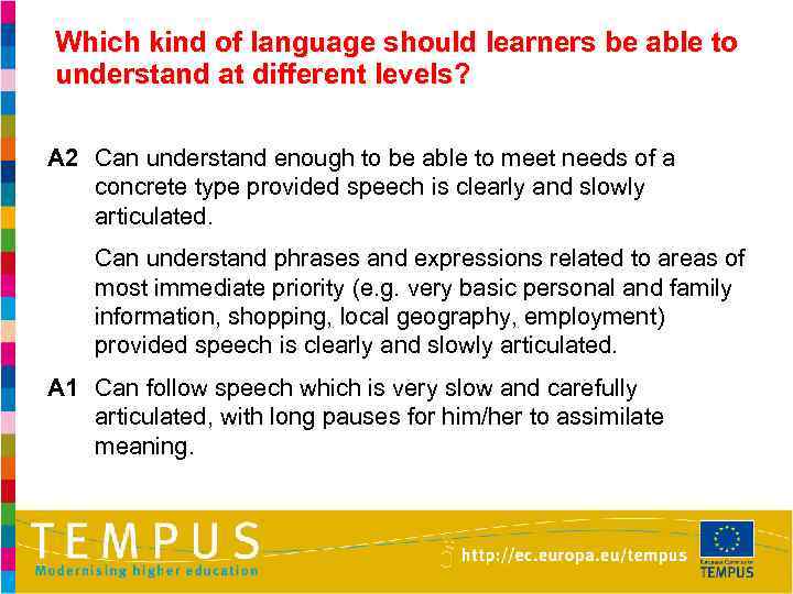 Which kind of language should learners be able to understand at different levels? A