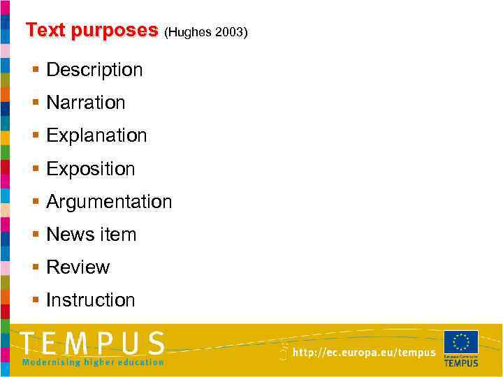 Text purposes (Hughes 2003) § Description § Narration § Explanation § Exposition § Argumentation
