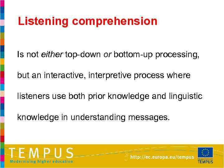Listening comprehension Is not either top-down or bottom-up processing, but an interactive, interpretive process