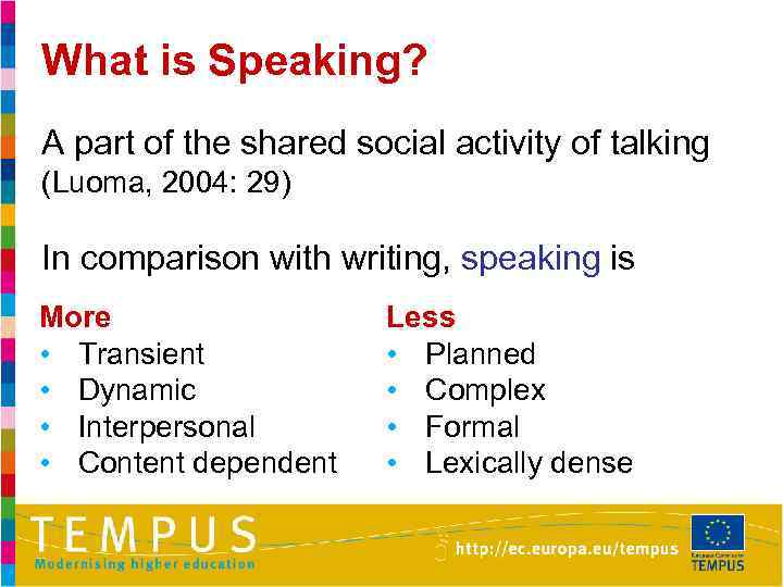 What is Speaking? A part of the shared social activity of talking (Luoma, 2004: