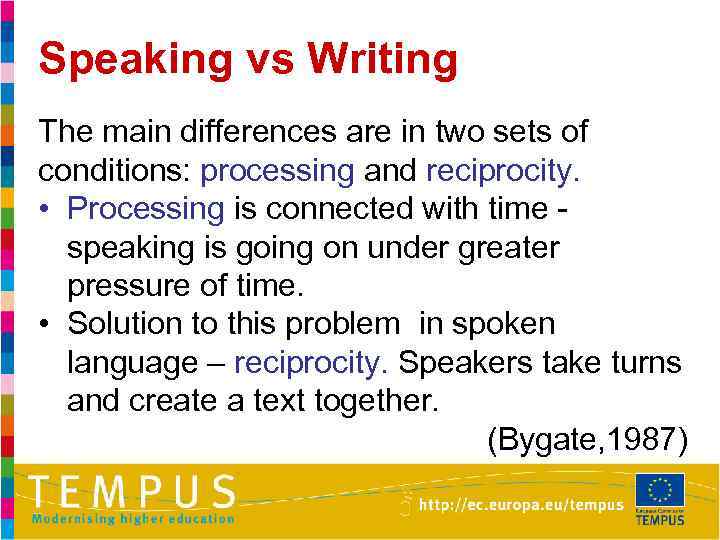 Speaking vs Writing The main differences are in two sets of conditions: processing and