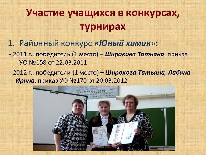 Участие учащихся в конкурсах, турнирах 1. Районный конкурс «Юный химик» : - 2011 г.