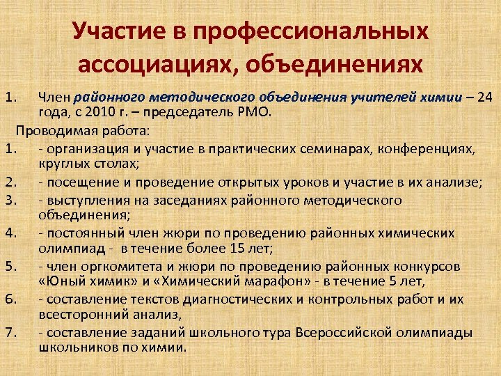 Участие в профессиональных ассоциациях, объединениях 1. Член районного методического объединения учителей химии – 24