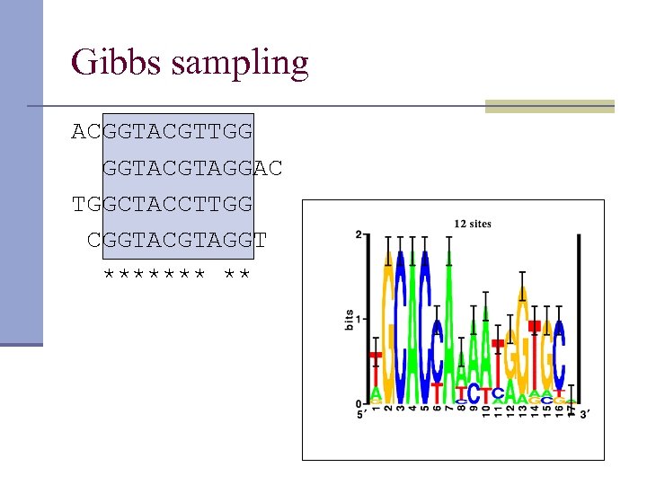 Gibbs sampling ACGGTACGTTGG GGTACGTAGGAC TGGCTACCTTGG CGGTACGTAGGT ******* ** 