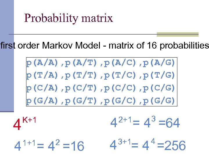 Probability matrix first order Markov Model - matrix of 16 probabilities p(A/A), p(A/T), p(A/C),