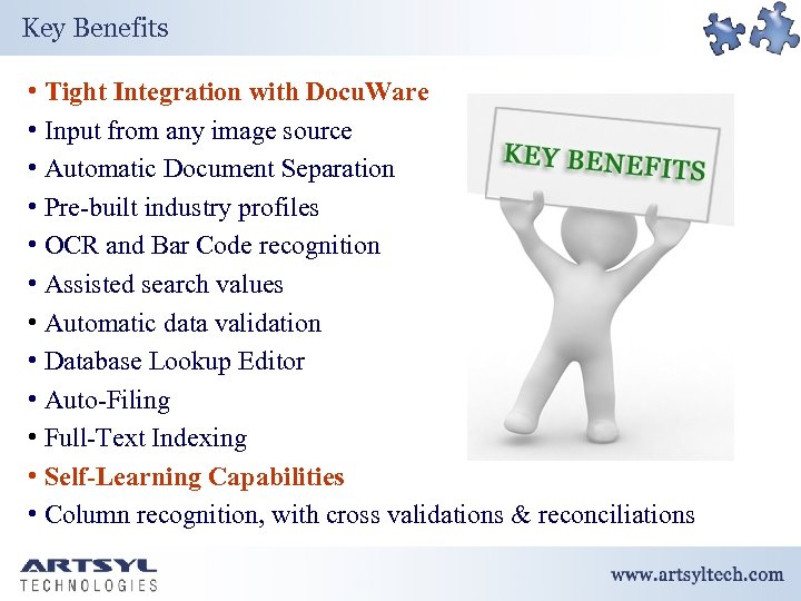 Key Benefits • Tight Integration with Docu. Ware • Input from any image source
