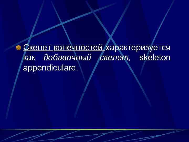 Скелет конечностей характеризуется как добавочный скелет, skeleton appendiculare. 