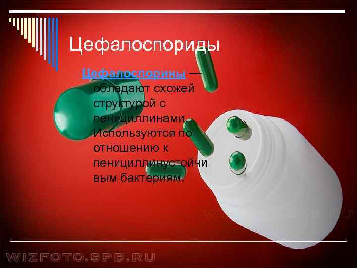 Цефалоспориды Цефалоспорины — обладают схожей структурой с пенициллинами. Используются по отношению к пенициллинустойчи вым